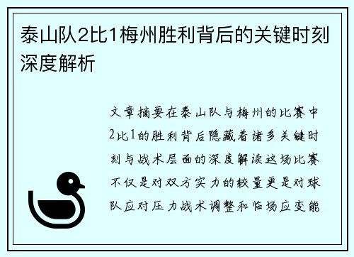 泰山队2比1梅州胜利背后的关键时刻深度解析